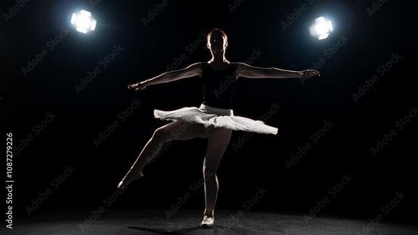 Pirouette of professional ballerina on stage in darkness, silhouette shot. Beautiful female ballet dancer in tutu and pointe shoes whirling and spinning, classical choreography and art performance