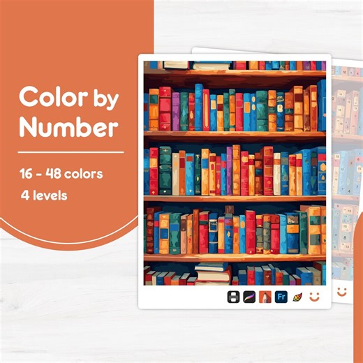 Colorful Bookshelf - Color by Number - Digital & Printable - 4 Levels - Etsy