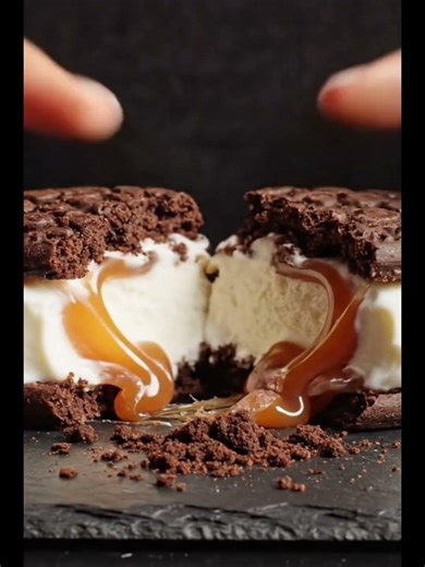 ASMR Ice Cream Sandwich Snap: Crunchy Cookie & Caramel Pull 🍪🍯 #Shorts #chocolate #oddlysatisfying