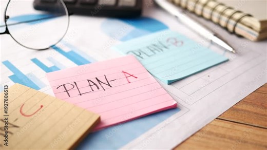 Strategy planning with sticky notes showing plan a plan b and plan c on office desk with charts