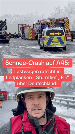 Schneegestöber lässt Sattelzug auf A45 in Leitplanken krachen: Feuerwehr im Einsatz - Dieselkraftstoffe laufen im Schneematsch über die Fahrbahn | Einsatz-Report24.de