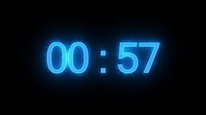 Blue neon digital clock with an electric glow counting down 1 minute