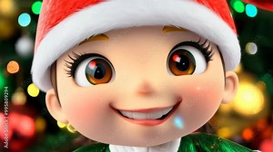Mischievous Christmas elf smiling in front of festive decorations in cute 3D animation closeup Stock Video