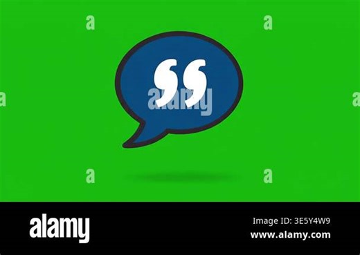 A simple blue speech bubble icon with white quotation marks inside, set against a vibrant green screen background Stock Video Footage - Alamy