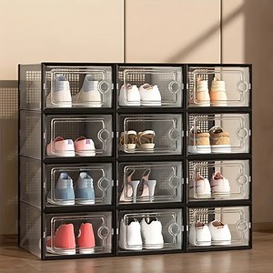 12PCS Thick Transparent Shoe Box with Lid, Foldable & Stackable Plastic Shoe Rack Organizer - Waterproof, Space-Saving Storage for All Shoe Types - Ideal for Foyer, Bedroom, Home, Dormitory - Black
