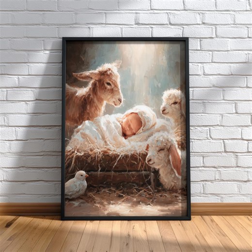 Baby Jesus Nativity Digital Download Christian Wall Art Religious Printable Manger Scene With Donkey Lamb Dove Christmas Faith Decor - Etsy