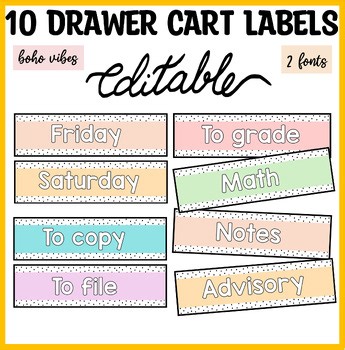 Editable Spotty Pastel 10 Drawer Cart Labels, Rolling Cart Cards, Cart Labels