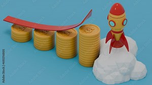 3d animation of economic growth and development. The red arrow on the chart indicates an increase in profit. The rocket starts and takes off. A symbol of profit, successful investments and wealth.