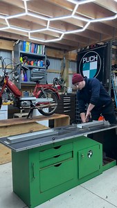 You guys liked seeing my DIY version of this table. So how about I show you a real 1970s Puch dealership workbench. Inside the shelves has all kinds of original dealer tools too! Oh yeah and that Puch sign behind me is a dealership light up sign! Hope you enjoy me rolling a 1980 Suzuki FA50 up it. Want to see how I refurbish bikes with more detail? Check out my YouTube channel! Search for RestoCycles on YouTube! Subscribe to my instagram for the best odds on our monthly giveaways! Check out my w