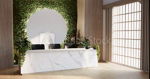 The interior Computer and office tools on desk room muji style interior design. 3D rendering