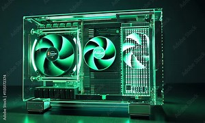 Transparent PC Case with Green LED Lighting Showcasing Internal Components