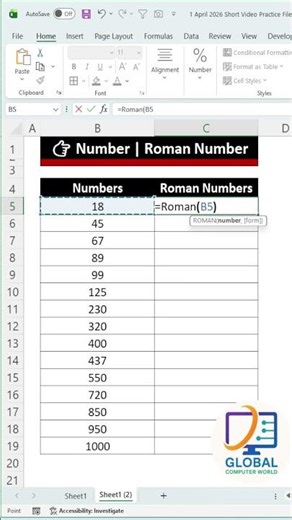 Excel me Number ko Roman me Convert kaise kare 🔥 #exceltips #romannumerals ‪@GlobalComputerWorld‬
