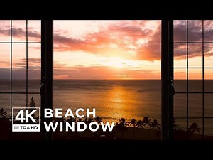 4K Tropical beach during sunset window view - Relaxing, Calming, Ambience, white noise (ASMR)