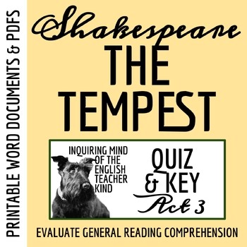 The Tempest Act 3 Quiz and Answer Key | Shakespeare Assessment | Worksheet
