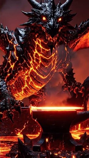 Epic dragon forging steel in fiery volcanic landscape with glowing magma and anvil