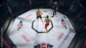 MMA Match: Fight Erupts with Explosive Energy as Two Strong Caucasian Men Exchange Rapid Strikes and Grapple for Control. Audience Treated with a Thrilling Spectacle of the Competition