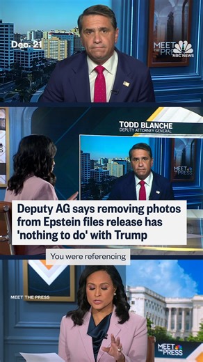 NBC News on Instagram: "Deputy Attorney General Todd Blanche tells “Meet the Press” that the Justice Department’s decision to remove over a dozen photographs on Saturday that had been released as part of the files on Jeffrey Epstein on Friday, “has nothing to do with President [Donald] Trump” and came at the request of victim advocacy groups."