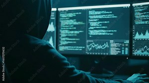 Anonymous hacker coding on multiple computer screens in a dark room displaying advanced programming and data analysis for cybersecurity and digital system prote