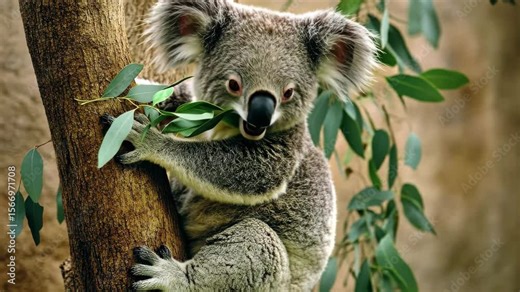 Koala bear climbs tree branch to munch on fresh eucalyptus leaves in a natural habitat, Koala Bear climbs on tree branch and eats eucalyptus leaves