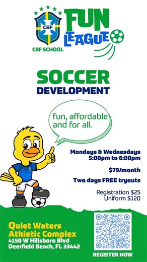 CBF School USA on Instagram: "⚽️ FUN League 2025-2026 – Deerfield Beach The FUN League is designed to help young players learn the game by playing — focusing on creativity, decision-making, and enjoying the sport! Players will be guided through basic soccer fundamentals — ball control, passing, shooting, and dribbling — but the main focus is the game itself, allowing kids to learn naturally with minimal coach interference. 📅 Season: from now to May 31st, 2026 💰 Cost: $79/month 📍 Location: Qui