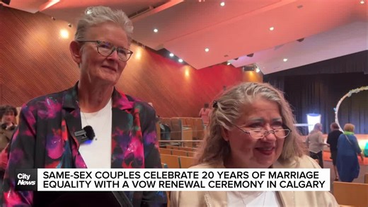 Same-sex couples celebrate 20 years of marriage equality in Canada with a vow renewal ceremony in Calgary