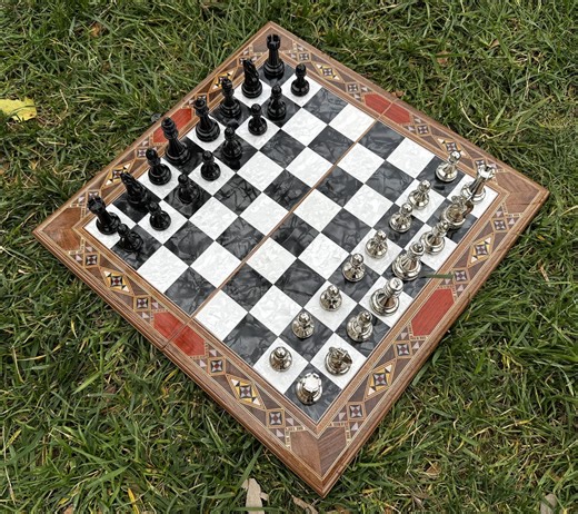 Classic Chess Set | Mother of Pearl Board | Metal Chess Pieces | Gift | Handmade - Etsy