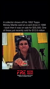 A collector shows off his 1952 Topps Mickey Mantle card at a card show in 1988 - back then it was on sale for $35,000. One of these just recently sold for $12.6 million | Historyinmemes