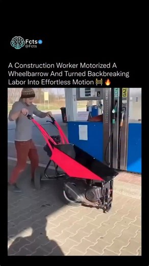 Facts & News 🧠 on Instagram: "Follow (us) @FCTS to learn something new everyday 🧠 This simple modification completely changes how heavy loads will now be moved on his job sites ⚙️🔥 By integrating a compact motor, drivetrain, and powered rear axle into a standard wheelbarrow frame, manual pushing is replaced with controlled propulsion. The motor handles forward motion while the operator focuses on steering and balance, dramatically reducing strain on the lower back, arms, and knees. Because to