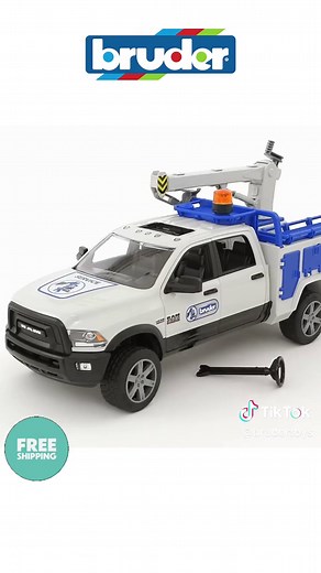 Rev up your child's imagination with the turbo-charged RAM Service truck! Built tough for both playtime and work, this heavy-duty pick-up comes with an extendable assembly crane, hidden compartments for tools and spare parts, and awesome features like steering wheel extension and all-around lighting. It's time for your little ones to conquer their construction dreams in style!#brudertoys #bruder #brudertrucks #toytrucks #bruderspielwaren #RAM