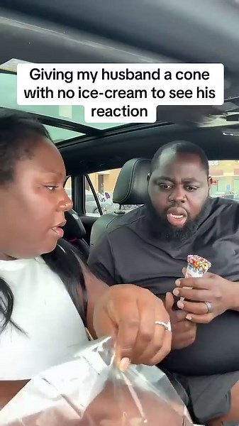 Husband's funny reaction to ice cream cone prank