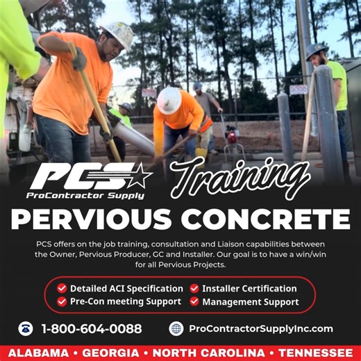 Looking to master Pervious Concrete? ProContractor Supply offers comprehensive Pervious Concrete Training designed to help your project succeed from start to finish. ✔️ Detailed ACI Specification guidance ✔️ Pre-Construction Meeting support ✔️ Installer Certification ✔️ Ongoing Management Support Build it right the first time. Partner with PCS and pour with confidence. Call us today and find out more about our onsite Pervious Concrete Training at 1-800-604-0088 ALABAMA • GEORGIA • NORTH CAROLINA