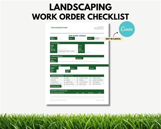 Landscaping Work Order Checklist Template Editable Canva Form Landscaping Job Checklist Template Work Order Form Printable - Etsy