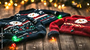 A festive arrangement of ugly Christmas sweater designs, with vibrant knit textures and cheerful motifs like holiday lights and Santa faces