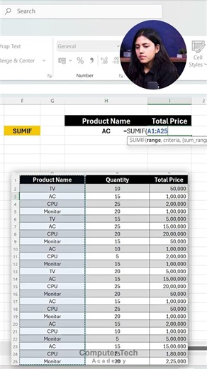 SUM IF Formula in MS Excel | Computer Tech Academy | #excel #exceltips #computercourse