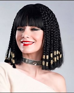 Cleopatra Egyptian Queen Black Wig with Beaded Braids Straight Bangs Women | Enigma Halloween Wigs Nefertiti inspired, pharaoh costume, ancient royalty, historical theater, cosplay