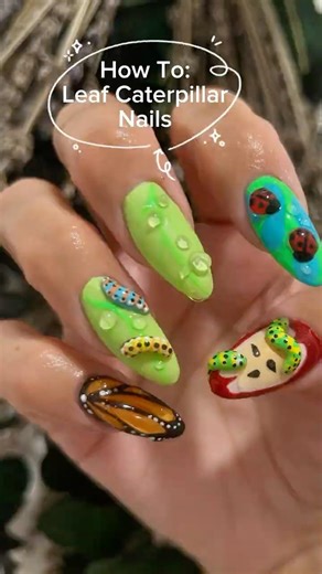 Beginner Nail Art Tutorial Leaf Nails with 3D Caterpillar Step by Step