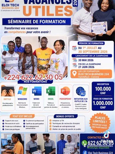 VACANCES UTILES 2026 – 4e Édition Du 1er juillet au 30 septembre 2026. Une formation pensée pour ceux qui veulent repartir à la rentrée avec de vraies compétences en poche. Ce que vous allez apprendre : • ✓ Dactylographie professionnelle, • ✓ Windows, • ✓Word, • ✓Excel, • ✓ PowerPoint • ✓ et cette année, une nouveauté très attendue : une initiation à l'Intelligence Artificielle. Des outils concrets, utilisés chaque jour dans le monde professionnel. Pourquoi participer ? Ici, on apprend en faisan