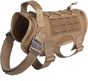 Tactical Dog Harness Vest Medium with Handle Pulling, Military Working Dog Molle Vest with Metal Buckles & Loop Panels, Adjustable Training Harness with Leash Clips Hunting (L Brown Harness)