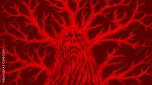 Scary crooked tree grows and spreads its branches. Human head crumbles to ashes. Looped 2D animation horror fantasy genre. Creepy Halloween backdrop. Gloomy ghost in bloody haze. Red color background.