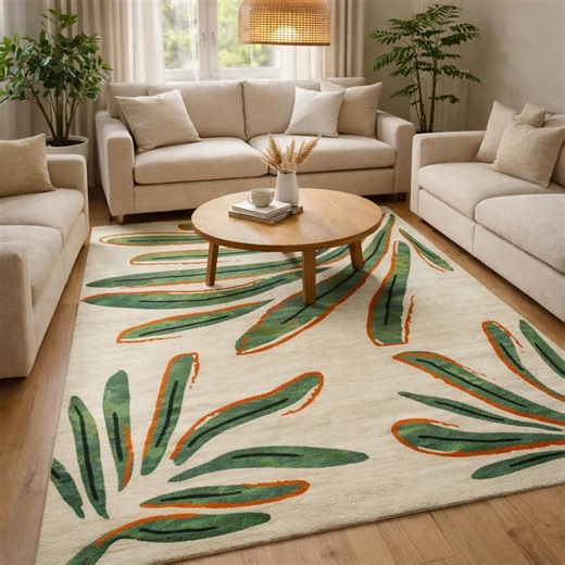 Botanical Leaf Rug – Green Orange Abstract Nature Carpet, Hand-tufted Style Living Room Rug - Etsy UK