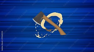 Flying axe on blue background. Looped animation of throwing ax. Moving weapon on dynamic abstract background. Animated tomahawk in motion. Anime style drawing with action effect. Axe motion design.