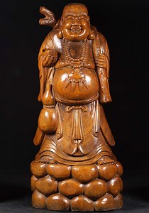 Antique Wooden Fat And Happy Buddha Statue Hand Carved from Solid Suar Tree in 1920's 60"