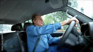 Senior man driving car traveling on road. One retired older male caucasian person driver inside moving vehicle