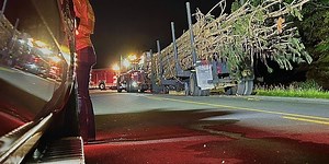 Road clear after log trailer disconnects from truck