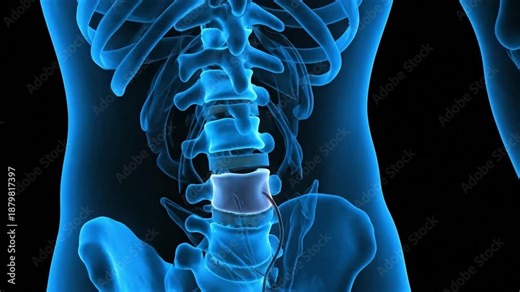 3D medical render of lumbar disc herniation and nerve compression