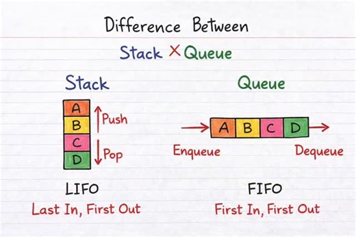 Subhodeep | Code on Instagram: "Stack vs Queue 🧱➡️📦 Two data structures, two different rules 🚀 Understand LIFO vs FIFO and choose the right one for your problem ✨ Save this for quick revision 👨‍💻🔥 🔖 Hashtags (5) #DataStructures #StackVsQueue #ProgrammingBasics #LearnToCode #CodingConcepts 🔑 Keywords (10) [stack vs queue, data structures comparison, lifo vs fifo, stack data structure, queue data structure, programming fundamentals, beginner data structures, coding basics, computer science