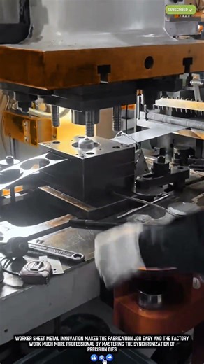 Worker performing metal sheet stamping with a press machine for precise component results