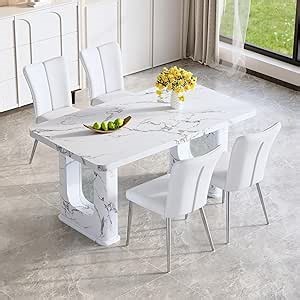 64.5 Inch White Dining Table Set for 4, Modern Dining Room Table Set with Faux Marble Kitchen Table and & 4 Upholstered Chairs, 4 Seater Rectangle Table and Chairs for Kitchen and Dining Room