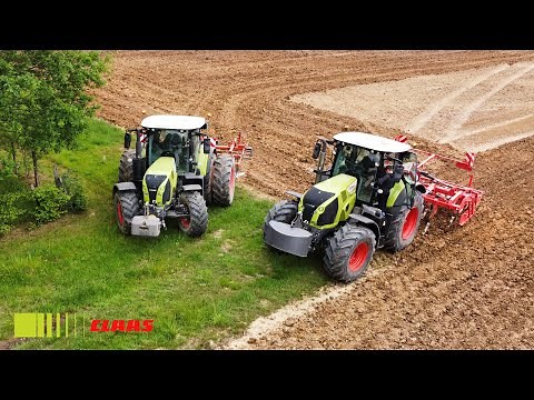 Duo au préparation des semis de soja: Claas Axion 830 & Arion 650