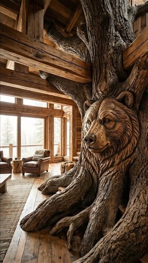 The Ultimate Log Cabin Centerpiece! 🐻🪵 #woodcarving #dreamhome
